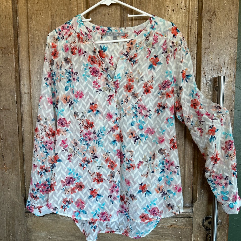 Colorful Sheer floral blouse on white with Chevron details by Daniel Rainn